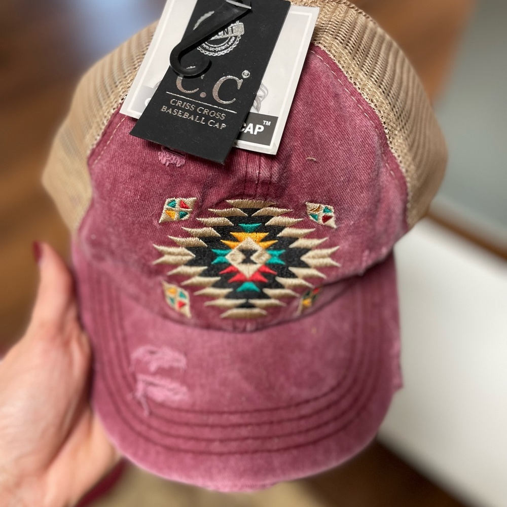 Embroidered C.C Criss Cross Baseball Cap Aztec print OS